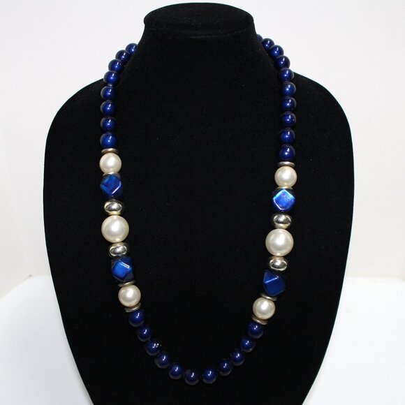 Blue, Silver Bead & Imitation Pearl 30" Long Resin Spring Ring Clasp Necklace - Picture 8 of 9